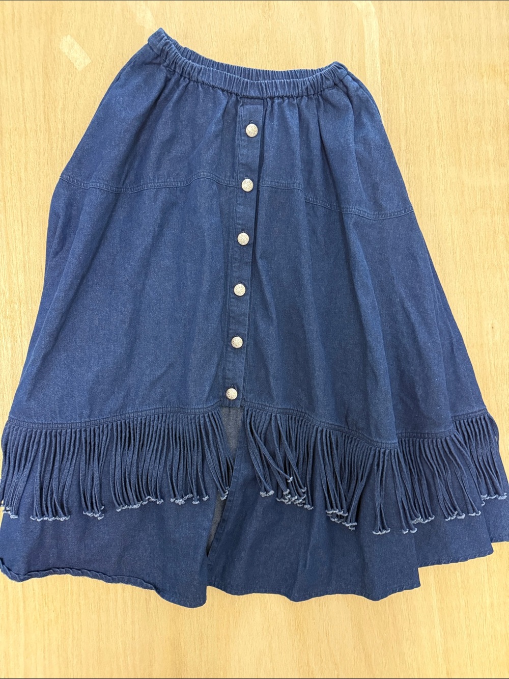 Denim Fringe Button-Front Midi Skirt - Blue